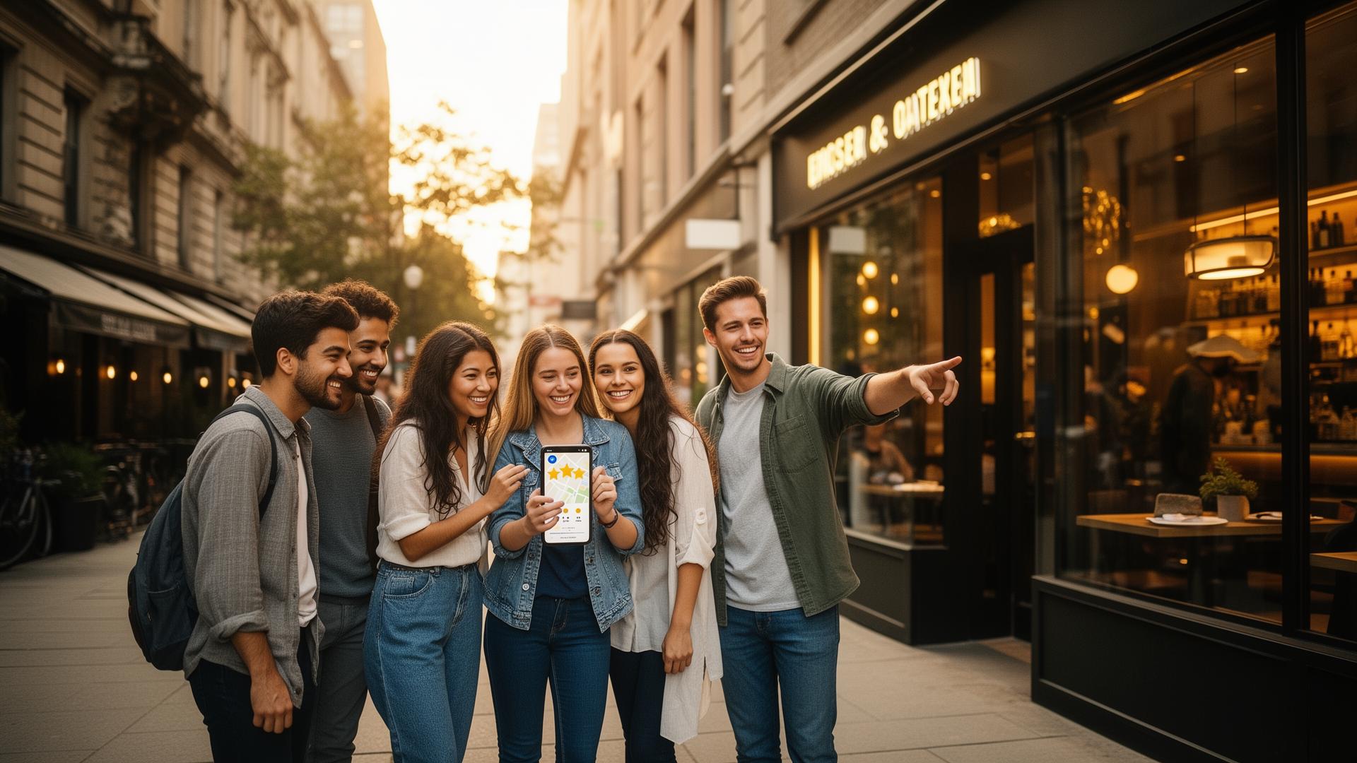 Gruppe schaut auf das Smartphone und entscheidet sich für das Unternehmen mit 4,3 Sternen statt 3,9